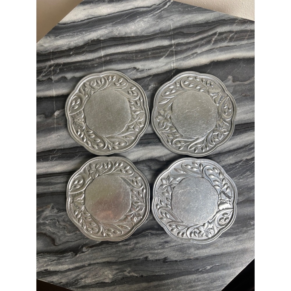 Lenox Silver‎ Metal Floral Butterfly Coasters Set of 4 Cork Backed Scalloped 4in